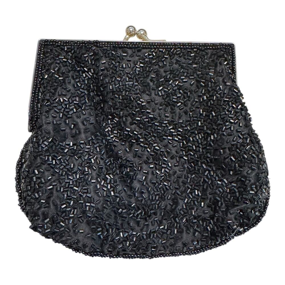 Vintage La Regale Black Beaded Evening Bag Clutch Satin Lined Kiss Lock 5x6